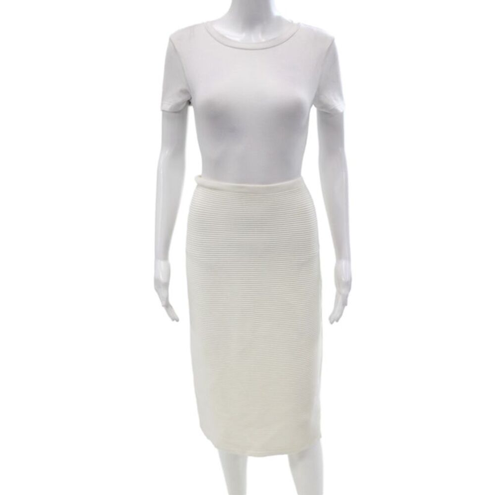 Calvin Klein Women White Ribbed Knit Striped Straight Pencil Skirt Midi Size M